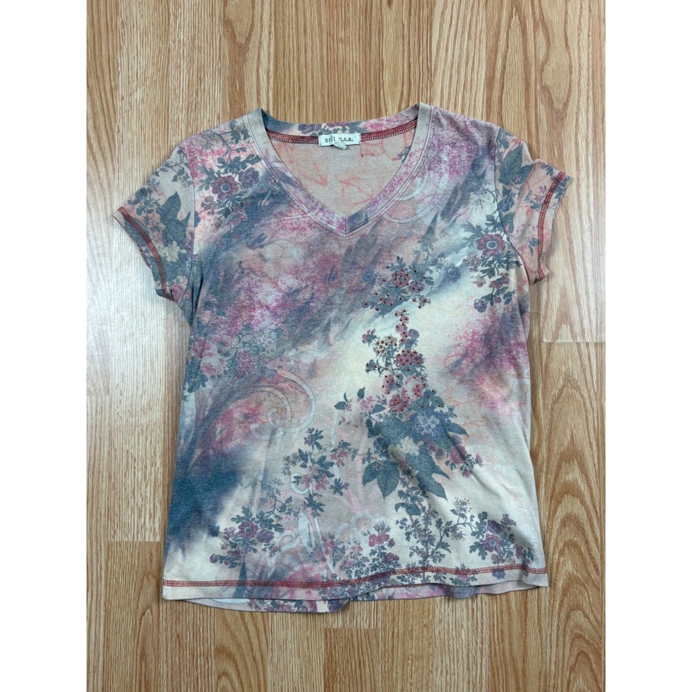 Xcit USA Womens V-Neck Floral Paisley Rhinestone Top Pink Blue Size Medium